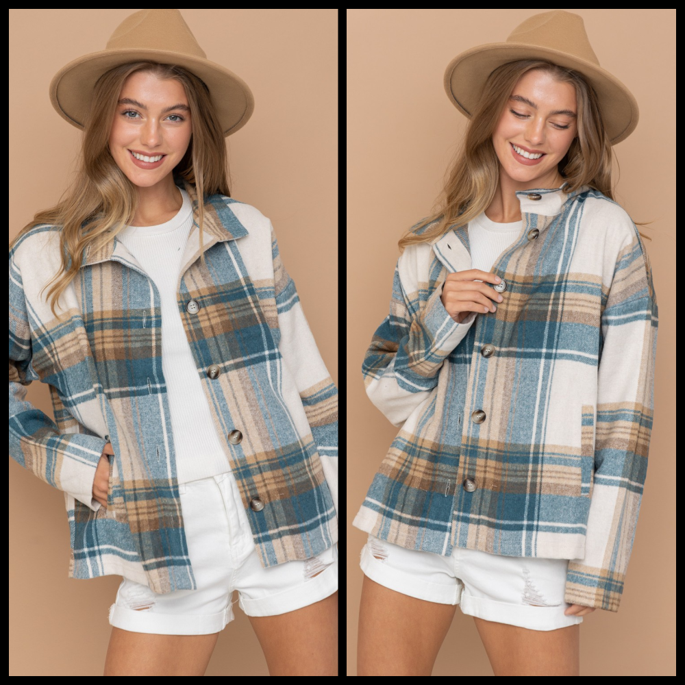 Get To It Teal Plaid Shacket is a Gorgeous Teal, Brown & Cream Plaid Perfect Fit Shacket. It is lightweight and fits true to size. It is button up front with a collar and has pockets on the front. The colors will match perfectly with so many options.   100% Polyester  S,M,L